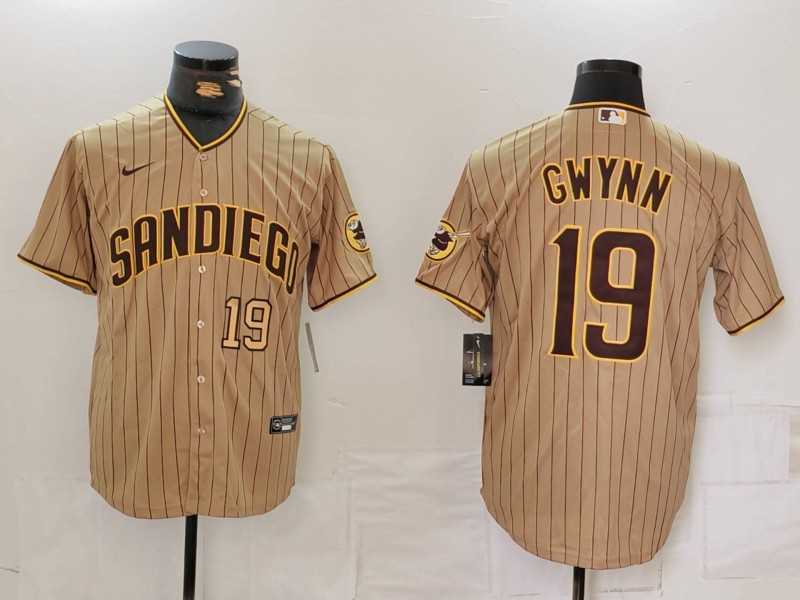 Mens San Diego Padres #19 Tony Gwynn Khaki Team Logo Stitched Cool Base Nike Jerseys